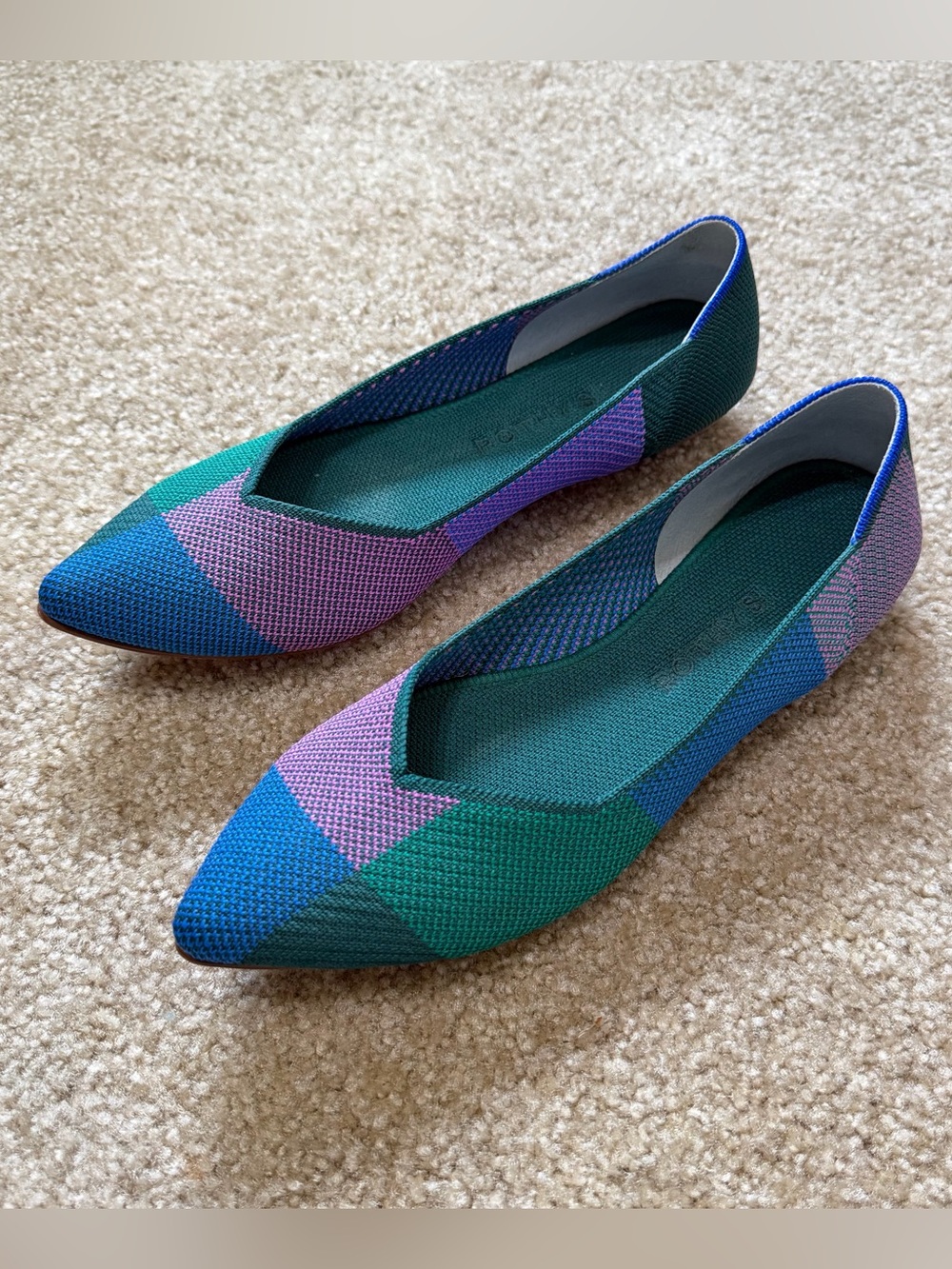 Rothy’s The Point OG Sugared Berry blue purple green plaid, size 8